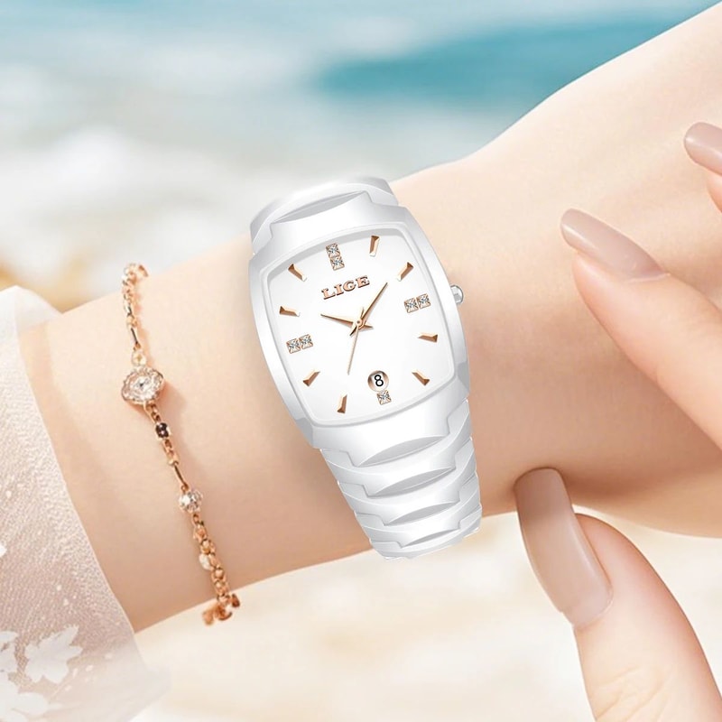 LIGE Elegant Square Womens Quartz Watch Luxury Ceramic Stainless Calendar Ladies Wristwatch 4