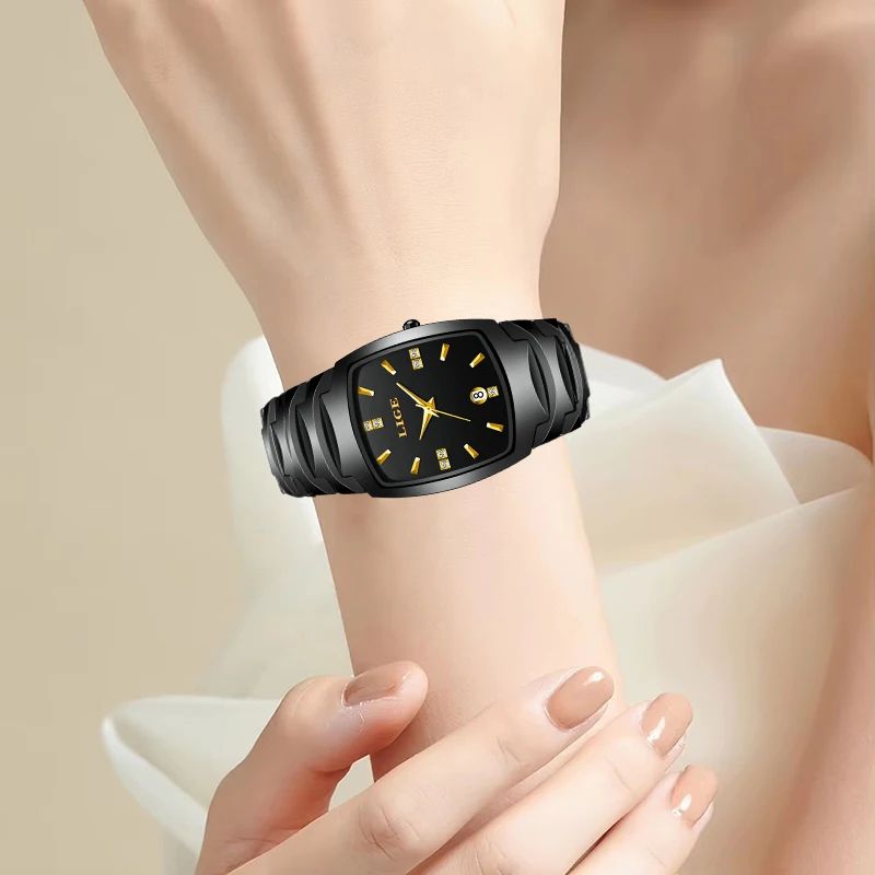 LIGE Elegant Square Womens Quartz Watch Luxury Ceramic Stainless Calendar Ladies Wristwatch 6