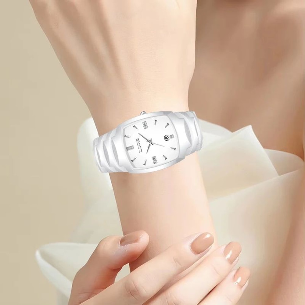 LIGE Elegant Square Womens Quartz Watch Luxury Ceramic Stainless Calendar Ladies Wristwatch 8