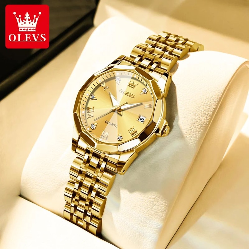 OLEVS Elegant Golden Womens Quartz Watch Waterproof Stainless Steel Luxury Ladies Wristwatch 0