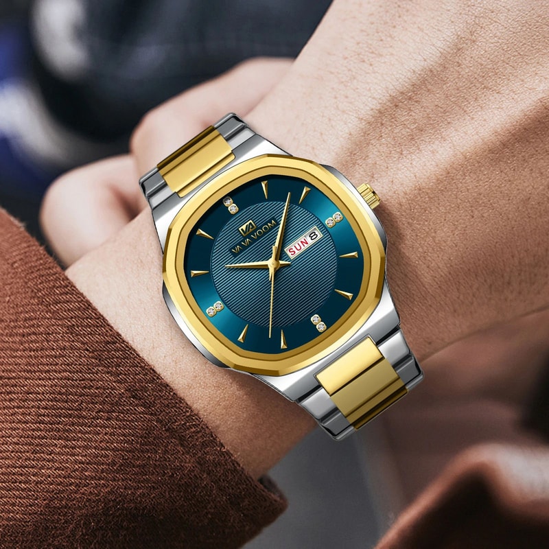 VA VA VOOM Gold Rhinestone Mens Luxury Watch 41MM Stainless Steel Waterproof Quartz Business Timep 2