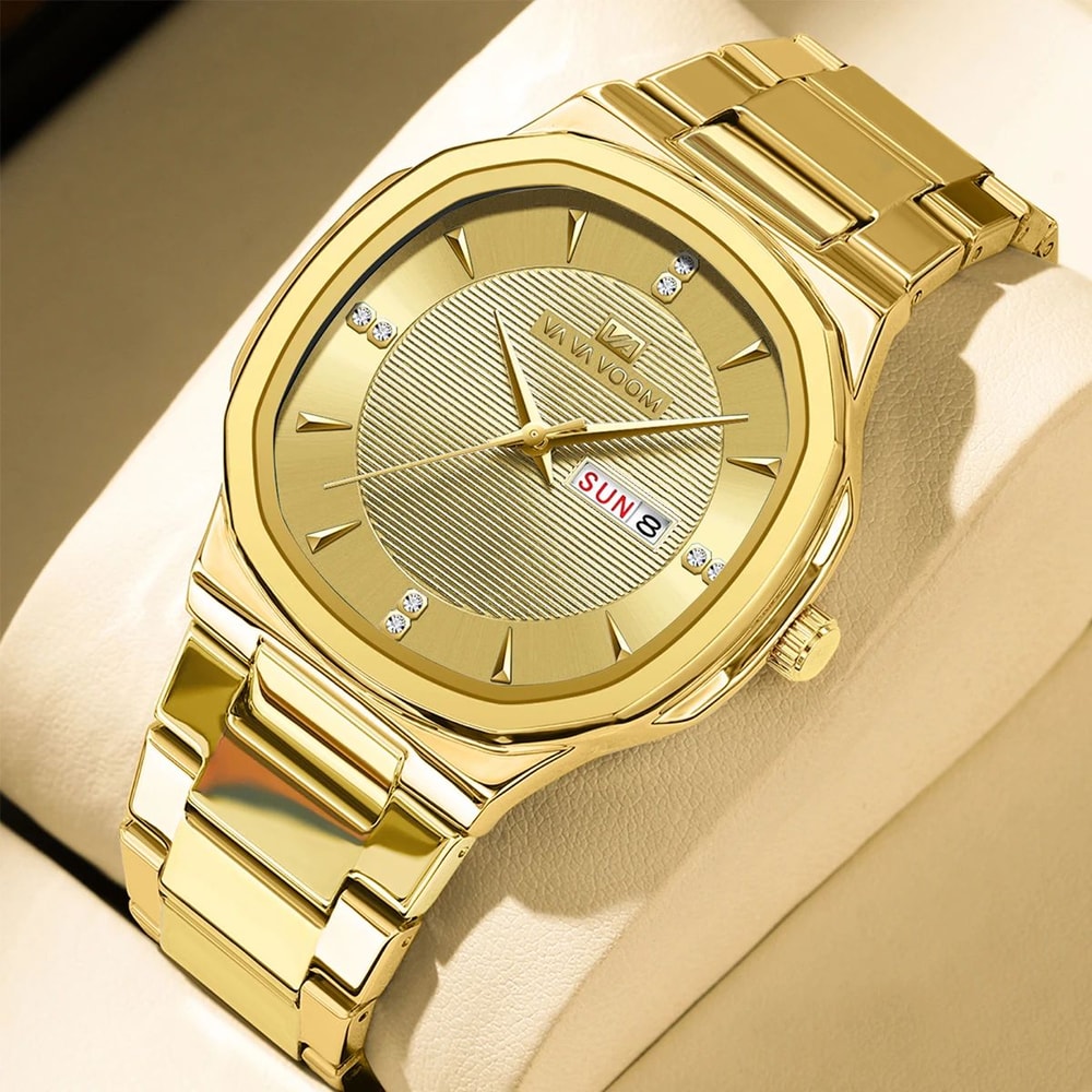 VA VA VOOM Gold Rhinestone Mens Luxury Watch 41MM Stainless Steel Waterproof Quartz Business Timep 9