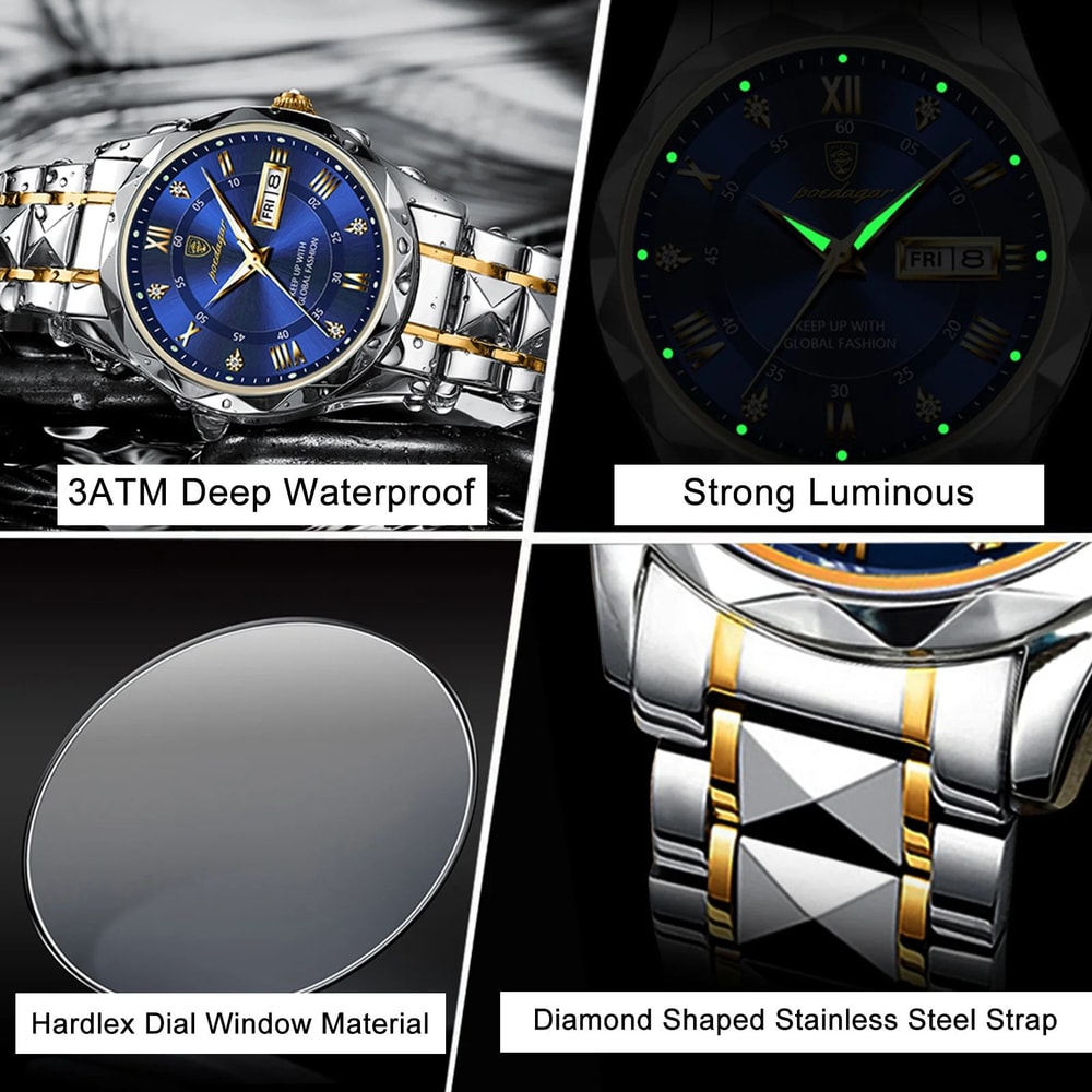 POEDAGAR 615 Luxury Waterproof Stainless Steel Mens Quartz Watch With Luminous Date Week Display 3