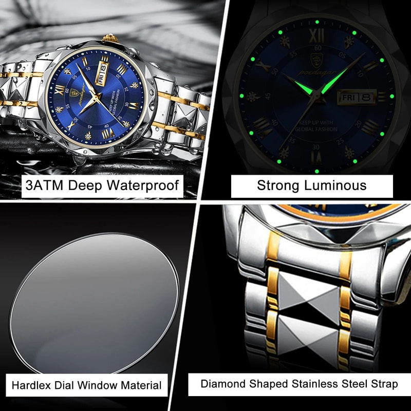 POEDAGAR 615 Luxury Waterproof Stainless Steel Mens Quartz Watch With Luminous Date Week Display 3