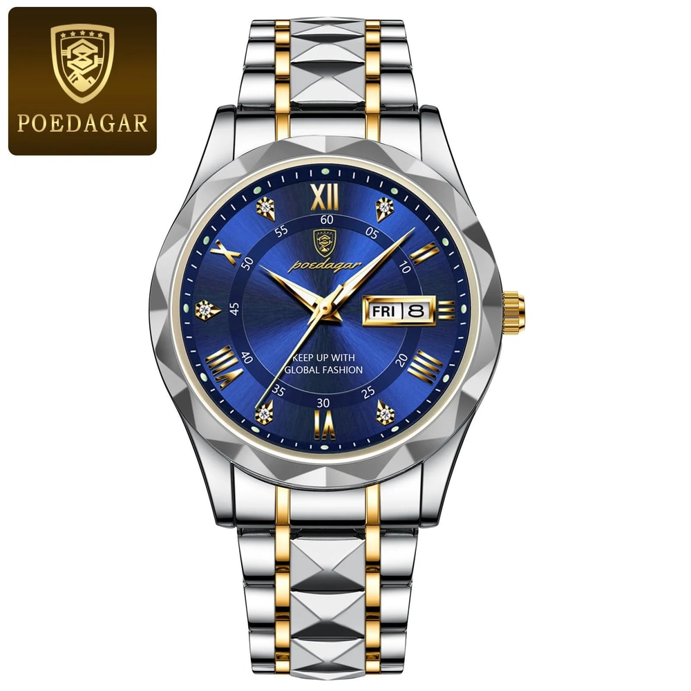 POEDAGAR 615 Luxury Waterproof Stainless Steel Mens Quartz Watch With Luminous Date Week Display 7