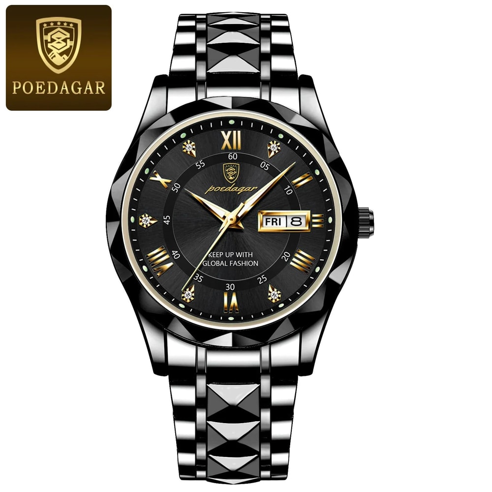 POEDAGAR 615 Luxury Waterproof Stainless Steel Mens Quartz Watch With Luminous Date Week Display 12