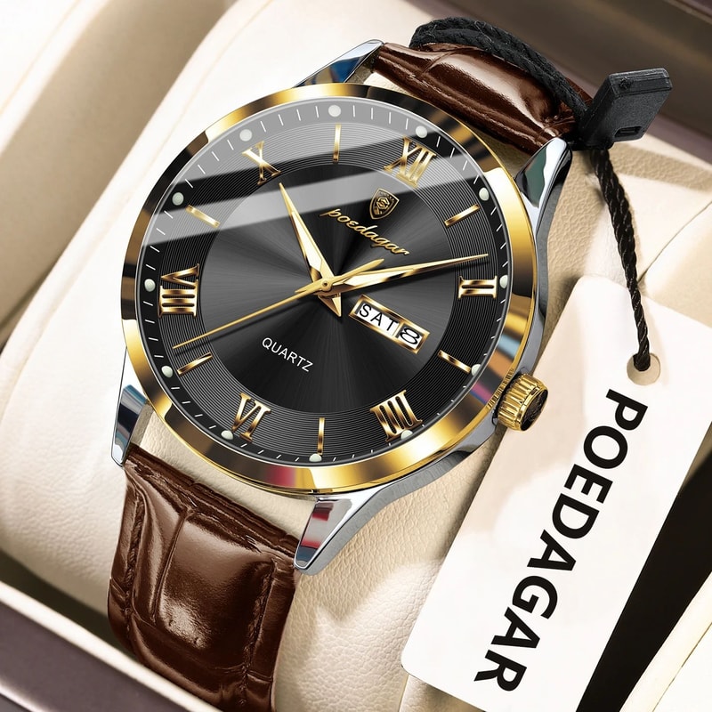 POEDAGAR 978 Luxury Business Mens Leather Quartz Watch With Luminous Date Week Display 14