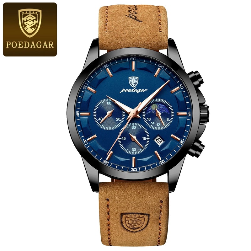 POEDAGAR 928L2 Sports Luxury Mens Quartz Chronograph Watch With Luminous Date Leather Strapwatch 10