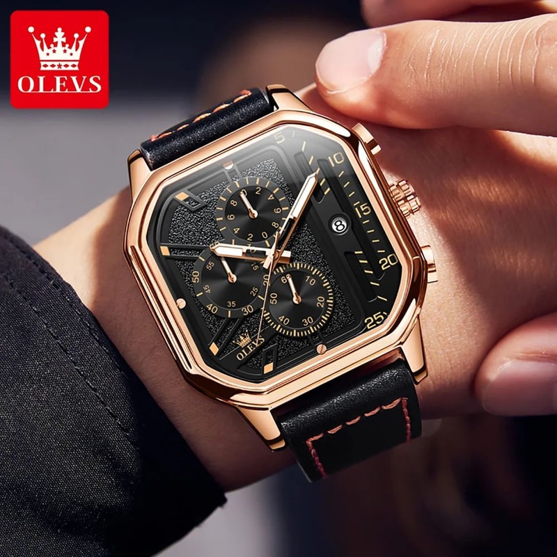 OLEVS 9950 Luxury Square Chronograph Mens Quartz Watch With Luminous Leather Strap 2