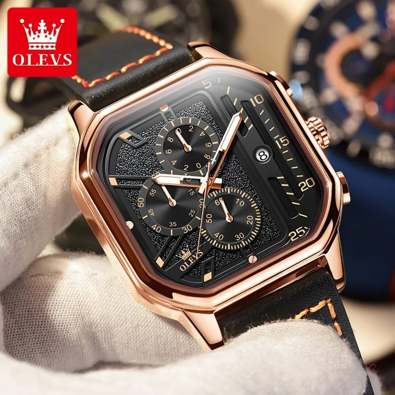 OLEVS 9950 Luxury Square Chronograph Mens Quartz Watch With Luminous Leather Strap 3