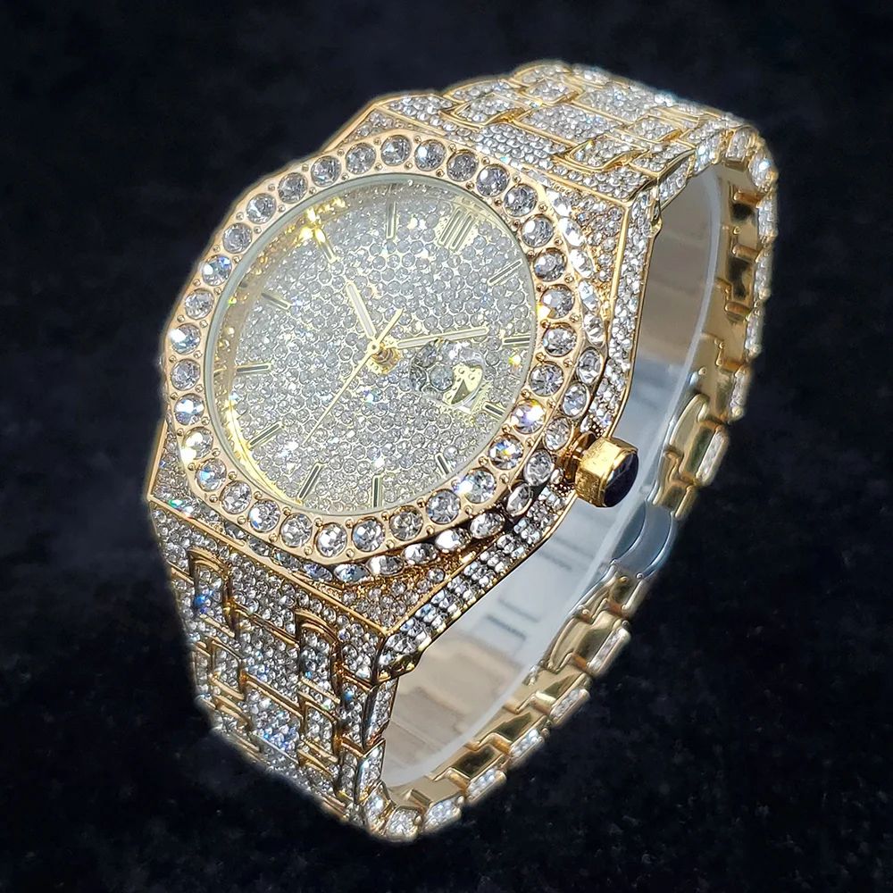 UNIGUET DA04 Iced Out Gold Diamond Mens Luxury Quartz Watch Stainless Steel Hip Hop Style 1