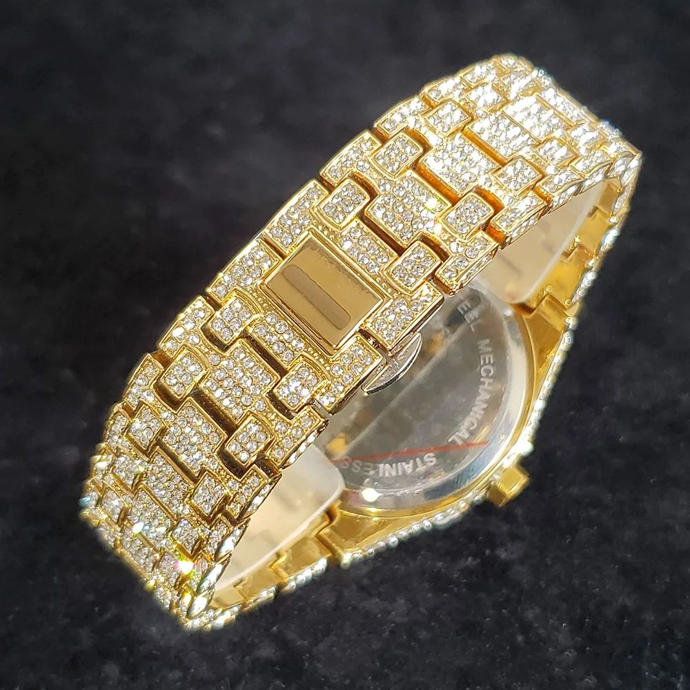 UNIGUET DA04 Iced Out Gold Diamond Mens Luxury Quartz Watch Stainless Steel Hip Hop Style 5