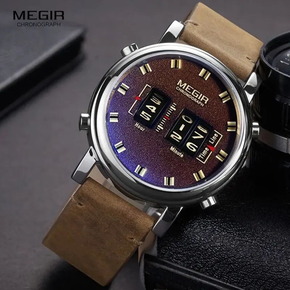 MEGIR 2137 Military Sport Roller Pointer Mens Quartz Watch With Leather Strap 1