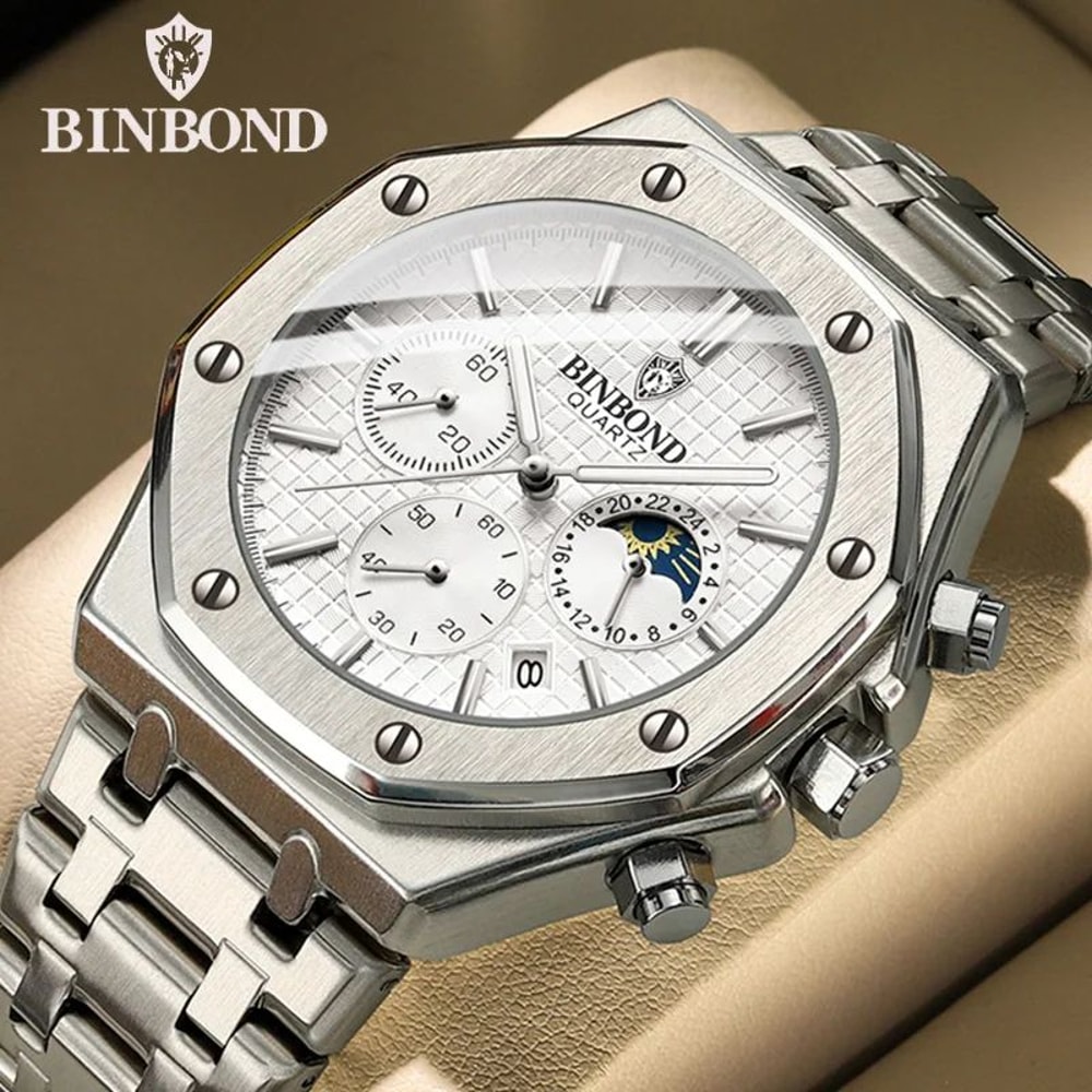 BINBOND B0161 Luxury Stainless Steel Mens Quartz Watch With Luminous Date Chronograph 1
