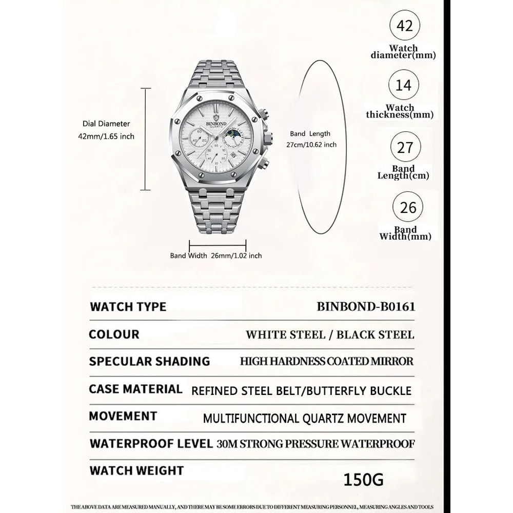 BINBOND B0161 Luxury Stainless Steel Mens Quartz Watch With Luminous Date Chronograph 4
