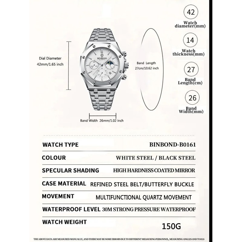 BINBOND B0161 Luxury Stainless Steel Mens Quartz Watch With Luminous Date Chronograph 4
