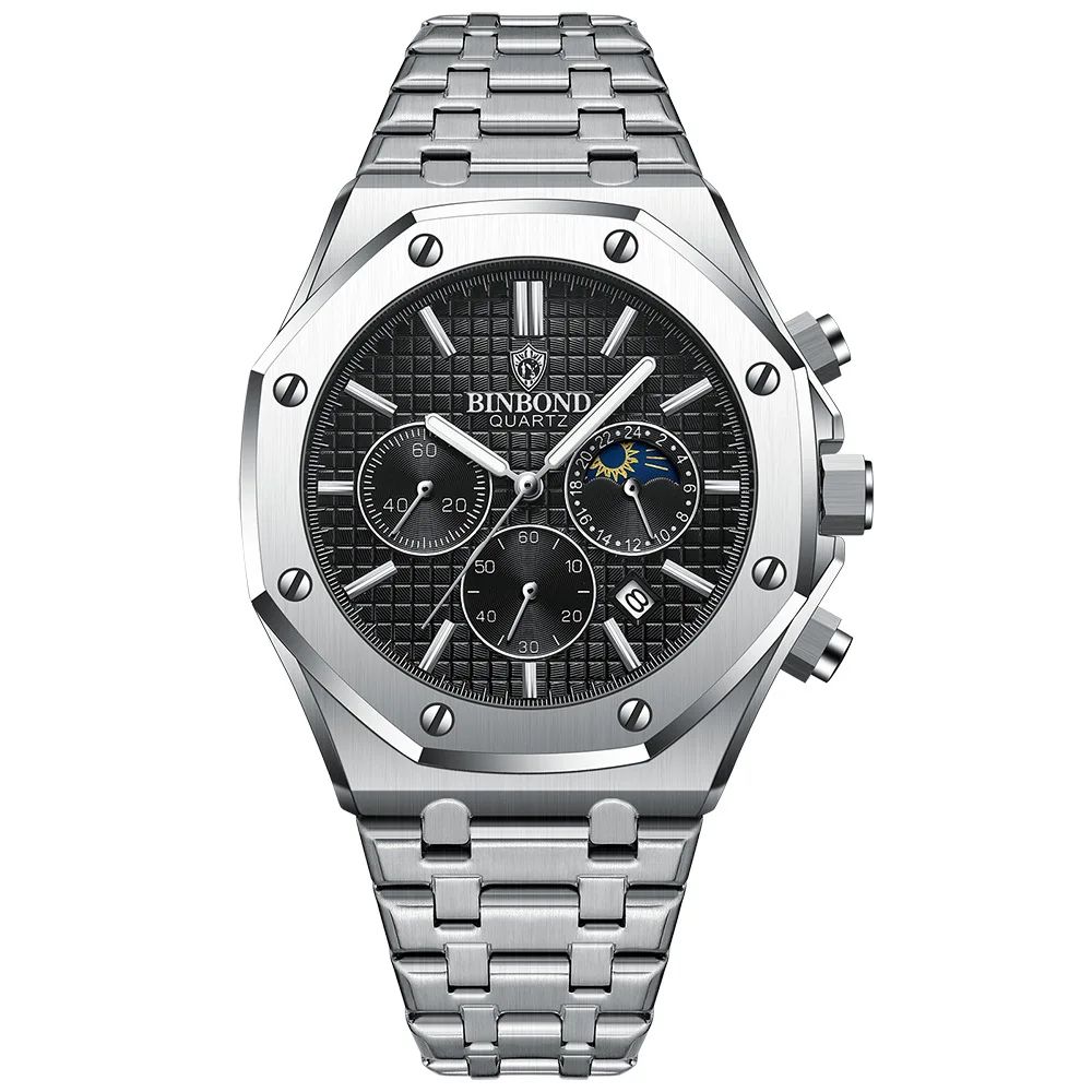 BINBOND B0161 Luxury Stainless Steel Mens Quartz Watch With Luminous Date Chronograph 7