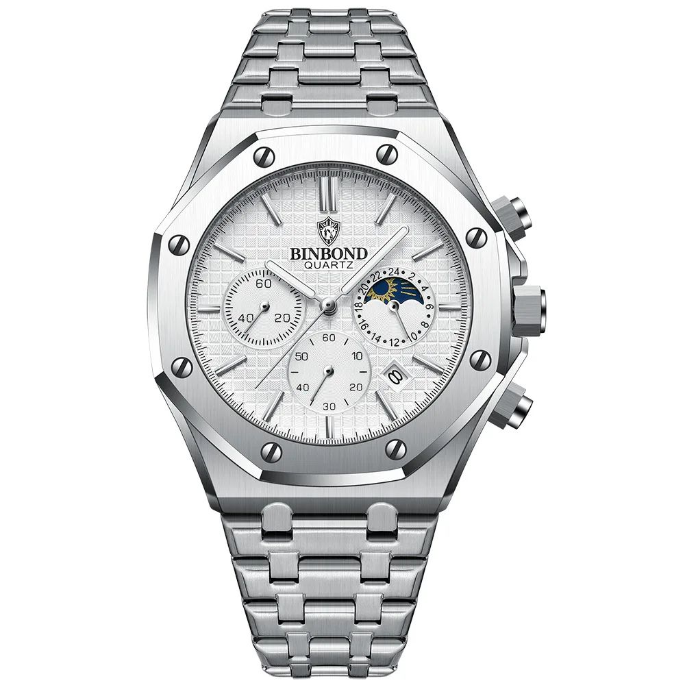 BINBOND B0161 Luxury Stainless Steel Mens Quartz Watch With Luminous Date Chronograph 10