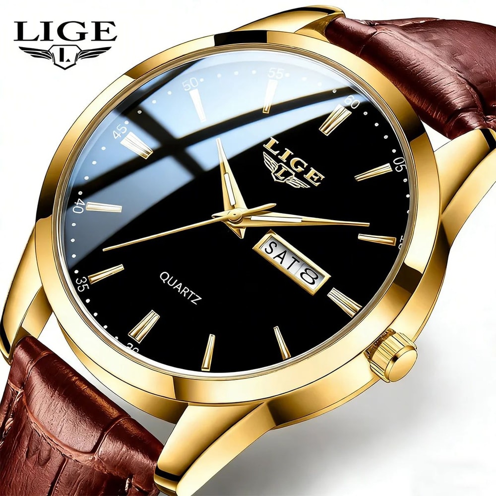 LIGE Executive Waterproof Mens Leather Quartz Watch With Luminous Date Week Display 0