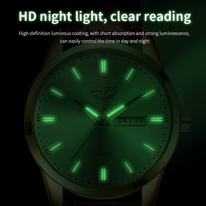 LIGE Executive Waterproof Mens Leather Quartz Watch With Luminous Date Week Display 2