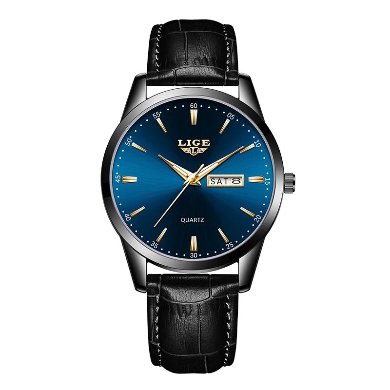LIGE Executive Waterproof Mens Leather Quartz Watch With Luminous Date Week Display 6