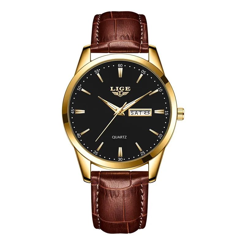 LIGE Executive Waterproof Mens Leather Quartz Watch With Luminous Date Week Display 8