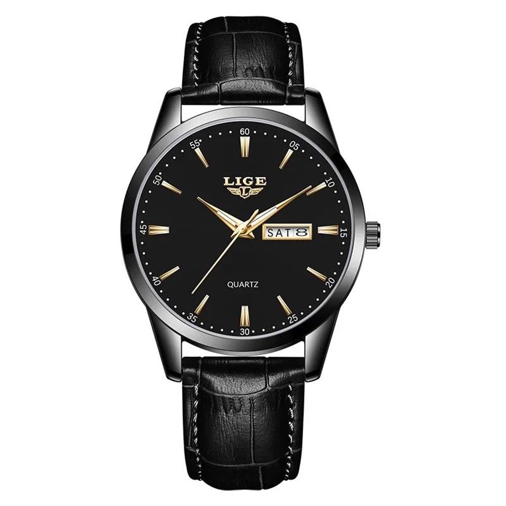 LIGE Executive Waterproof Mens Leather Quartz Watch With Luminous Date Week Display 10