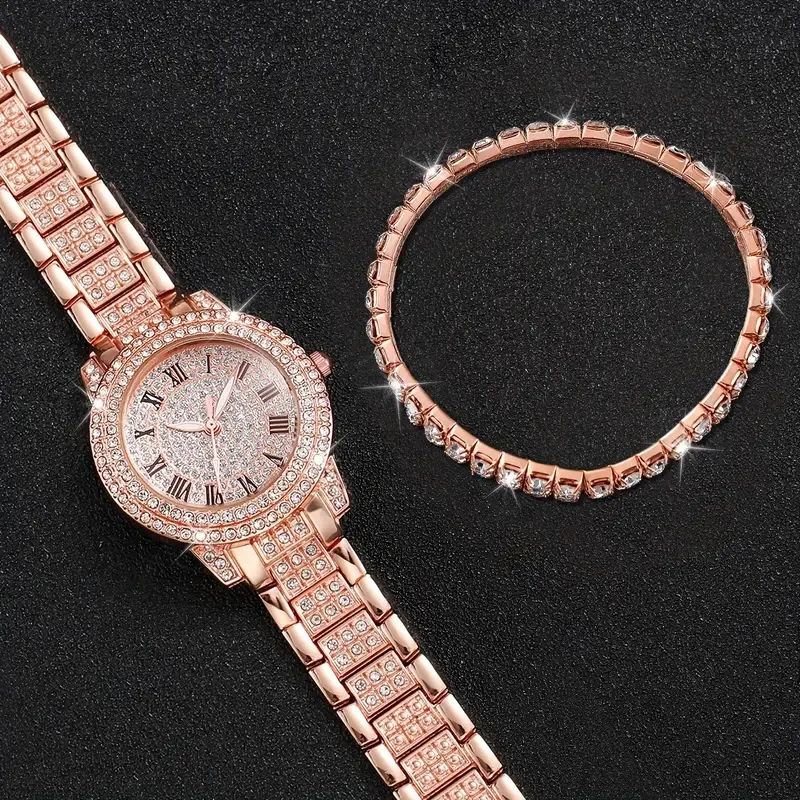 Radiant Royale Full Diamond Roman Quartz Womens Watch Double Row Bracelet Gift Set 4