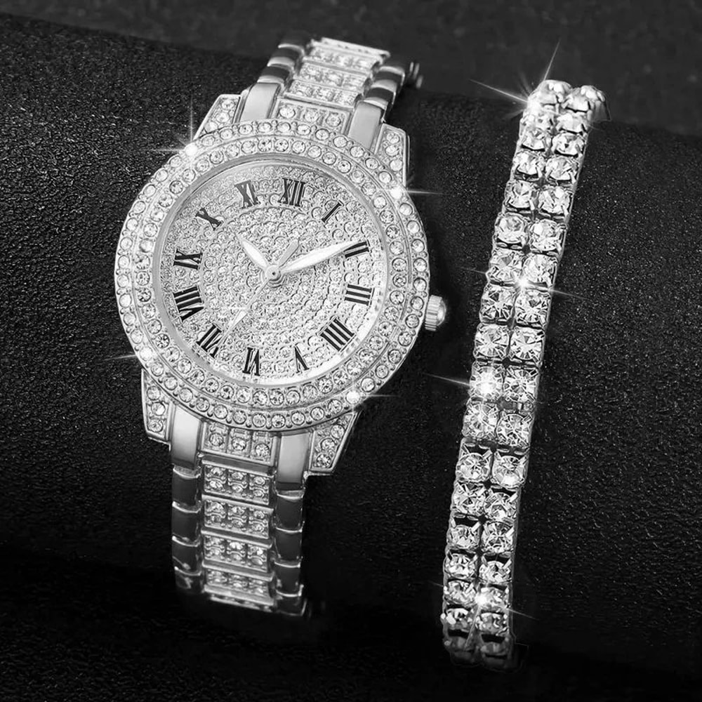 Radiant Royale Full Diamond Roman Quartz Womens Watch Double Row Bracelet Gift Set 8