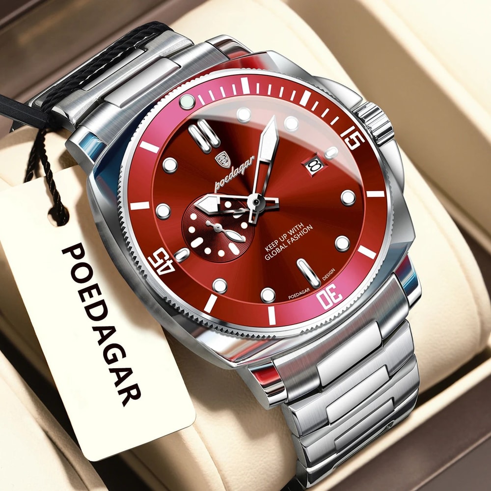 POEDAGAR Luxury Waterproof Mens Quartz Watch With Luminous Date Dual Time 6