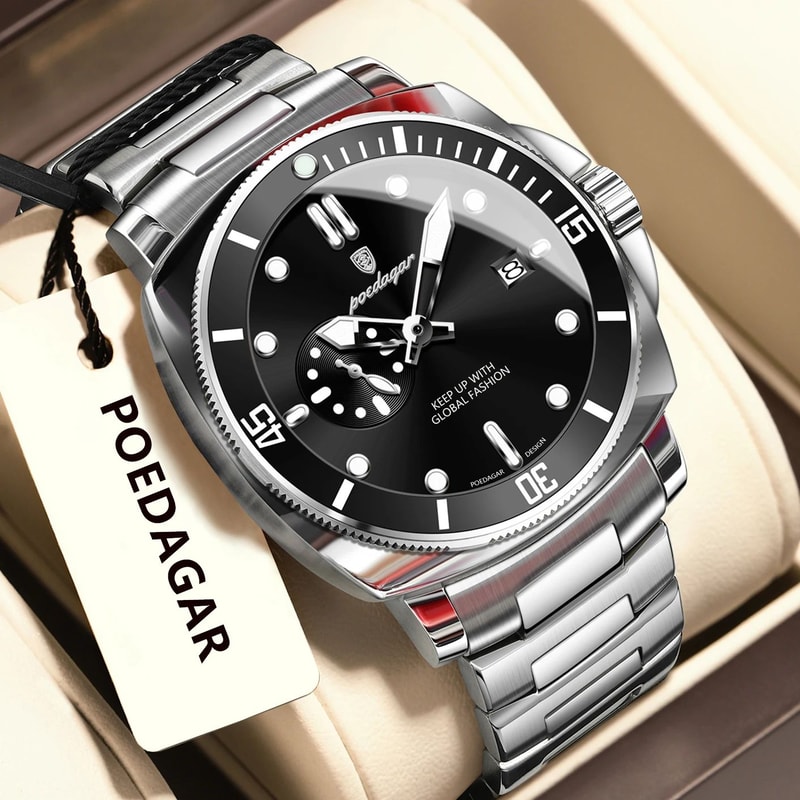 POEDAGAR Luxury Waterproof Mens Quartz Watch With Luminous Date Dual Time 8