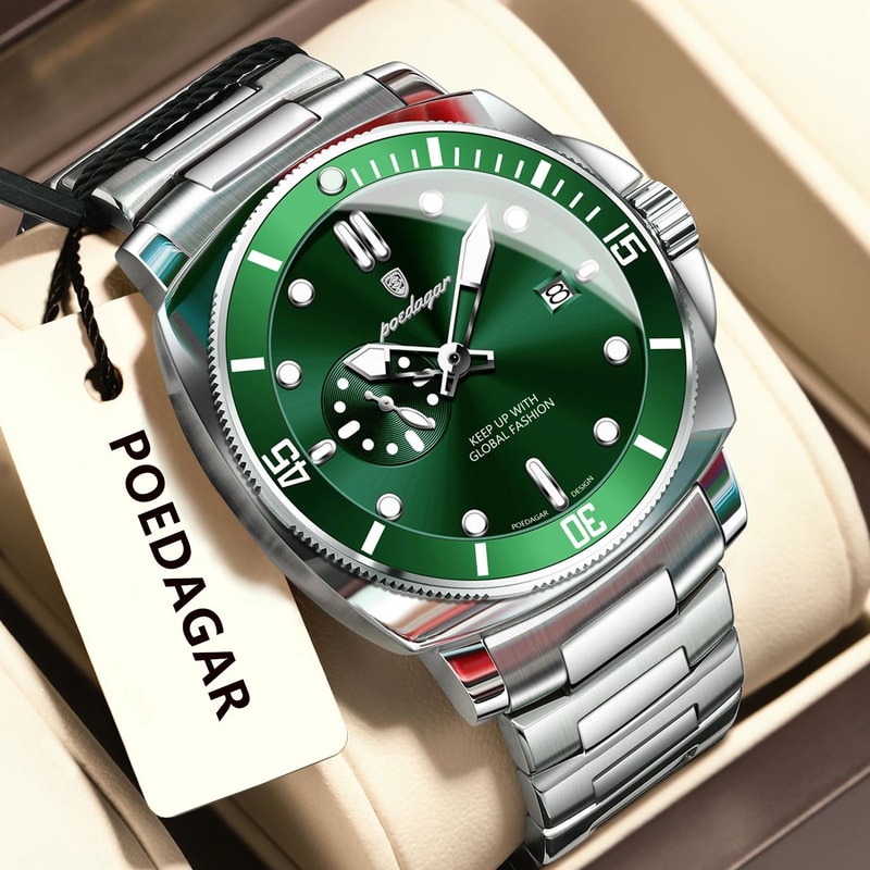 POEDAGAR Luxury Waterproof Mens Quartz Watch With Luminous Date Dual Time 9