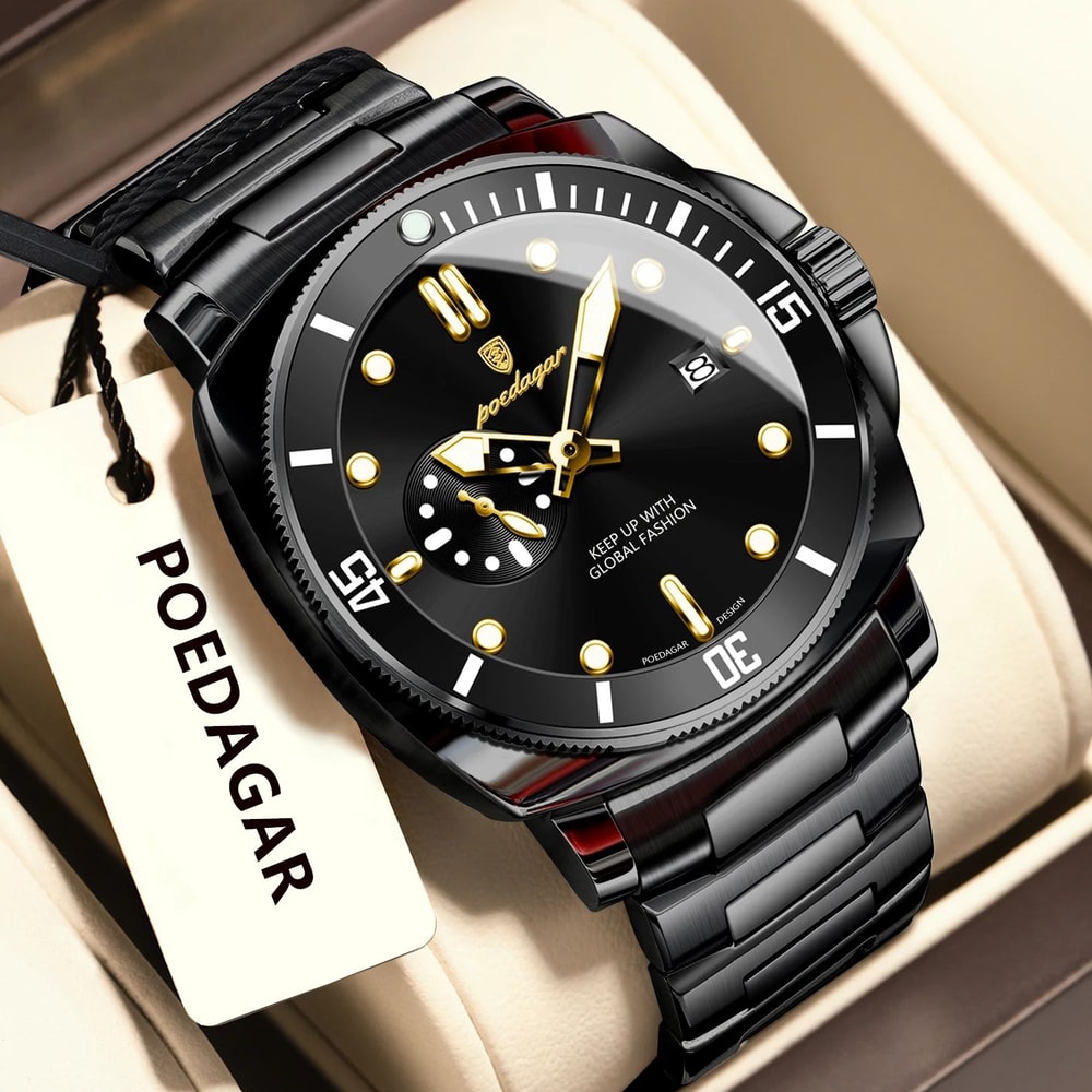 POEDAGAR Luxury Waterproof Mens Quartz Watch With Luminous Date Dual Time 10