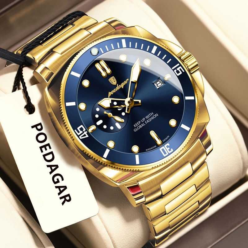 POEDAGAR Luxury Waterproof Mens Quartz Watch With Luminous Date Dual Time 11