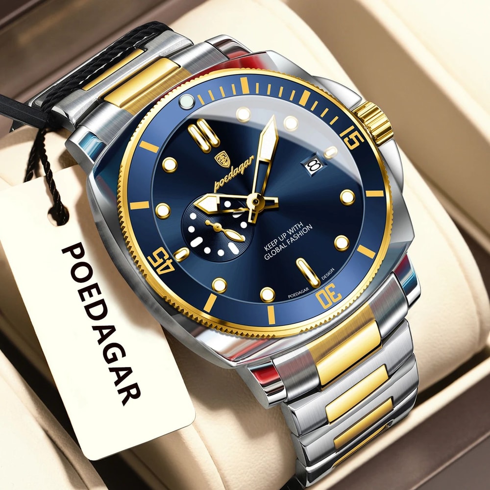 POEDAGAR Luxury Waterproof Mens Quartz Watch With Luminous Date Dual Time 12