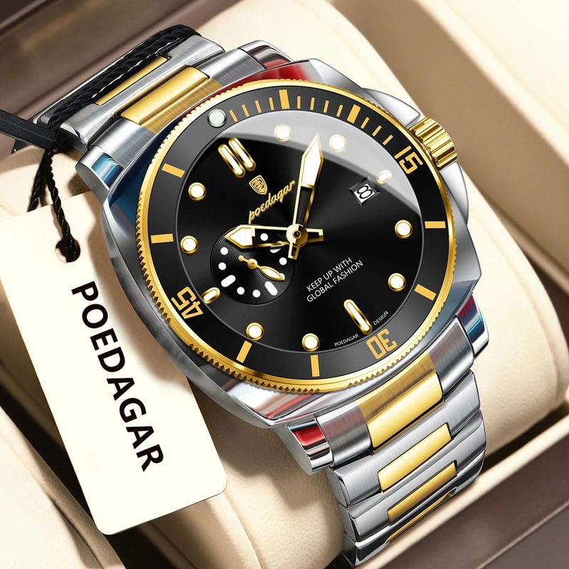 POEDAGAR Luxury Waterproof Mens Quartz Watch With Luminous Date Dual Time 13