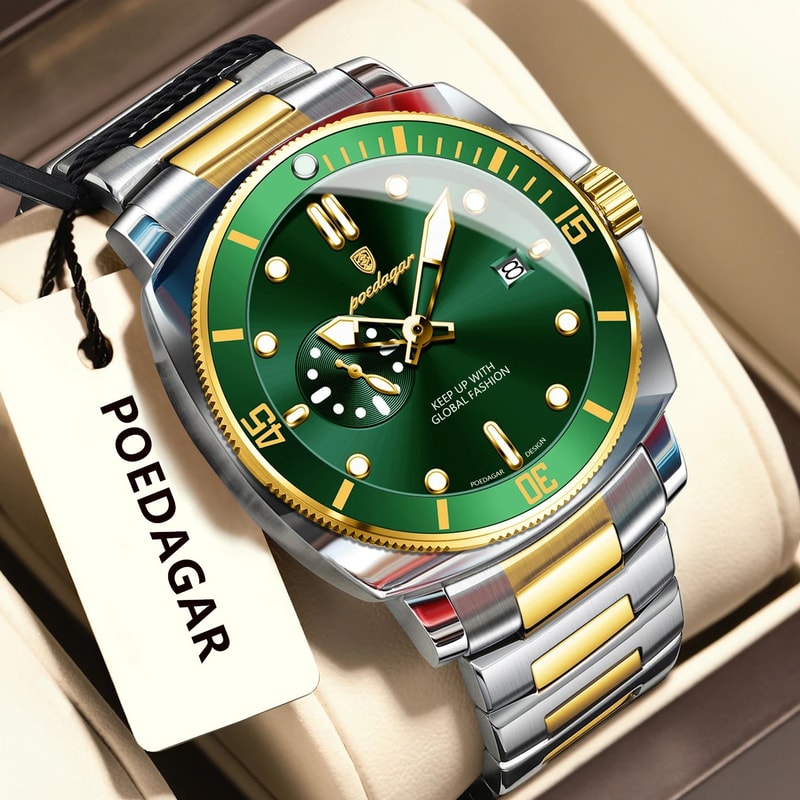 POEDAGAR Luxury Waterproof Mens Quartz Watch With Luminous Date Dual Time 14