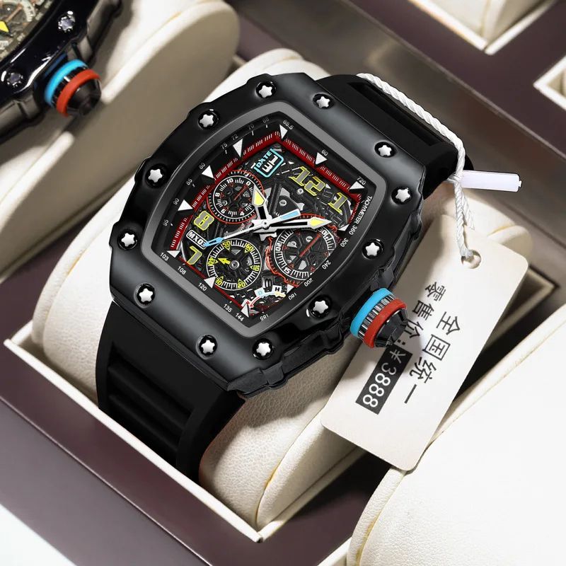 Barrel Hollow Luminous Mens Quartz Watch With Calendar Tonneau Sport Design 0