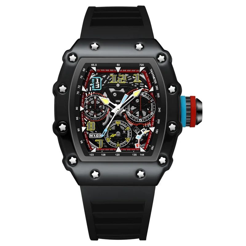 Barrel Hollow Luminous Mens Quartz Watch With Calendar Tonneau Sport Design 2