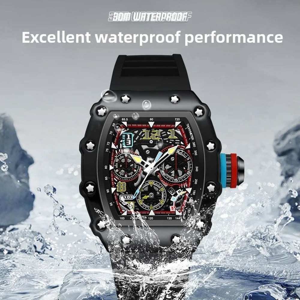 Barrel Hollow Luminous Mens Quartz Watch With Calendar Tonneau Sport Design 5