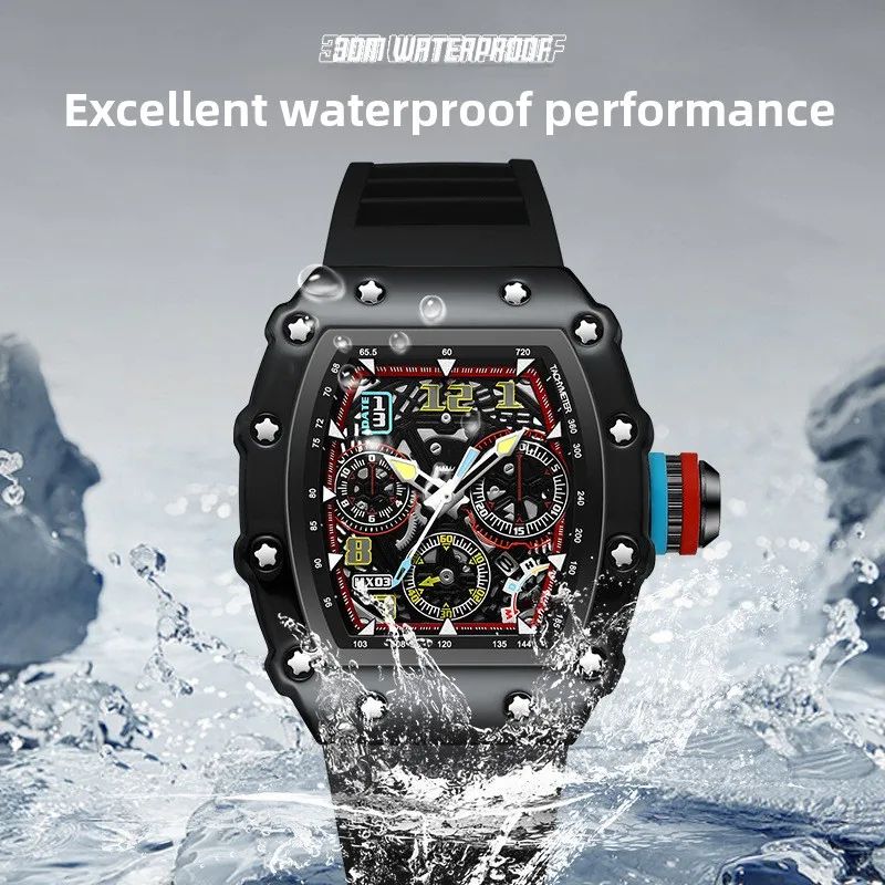 Barrel Hollow Luminous Mens Quartz Watch With Calendar Tonneau Sport Design 5