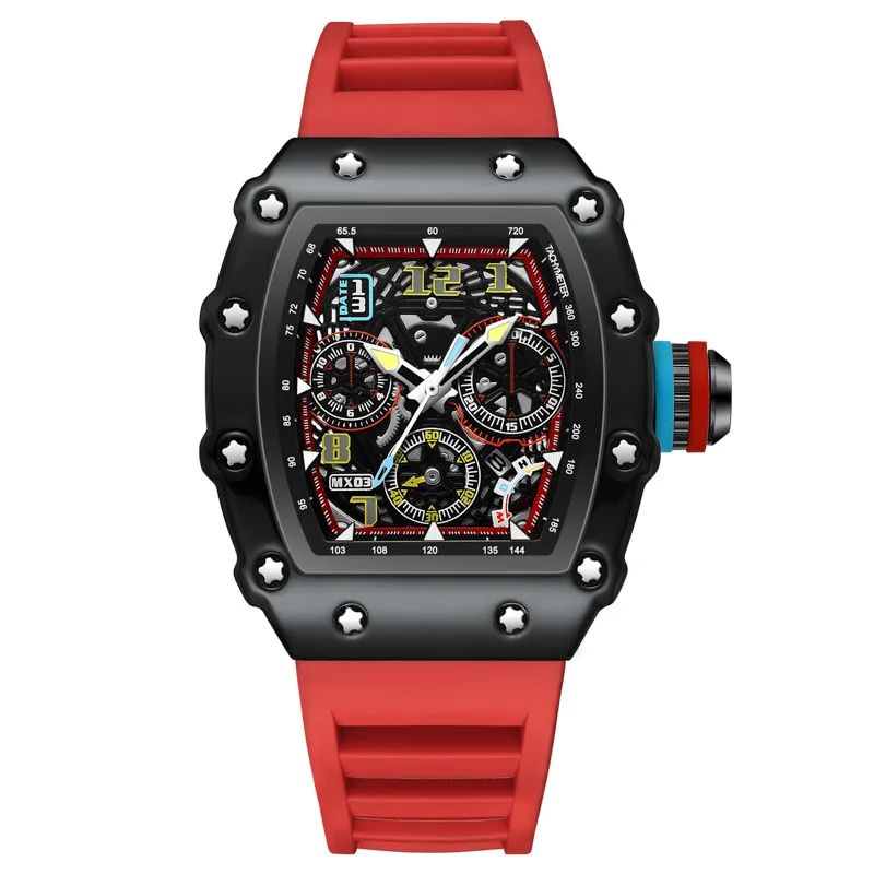 Barrel Hollow Luminous Mens Quartz Watch With Calendar Tonneau Sport Design 7