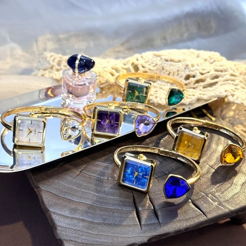 Glamour Gem Square Open Bracelet Womens Quartz Watch 5