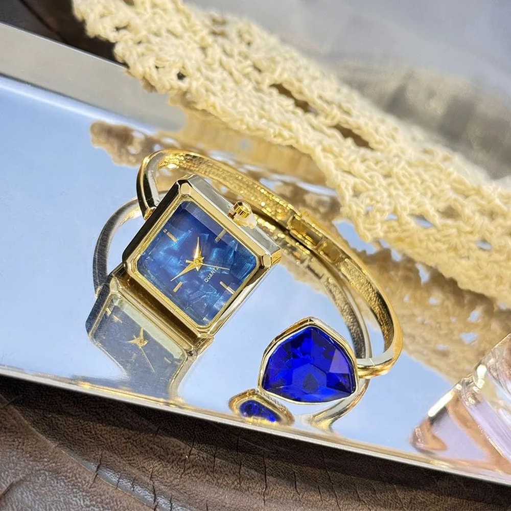 Glamour Gem Square Open Bracelet Womens Quartz Watch 6