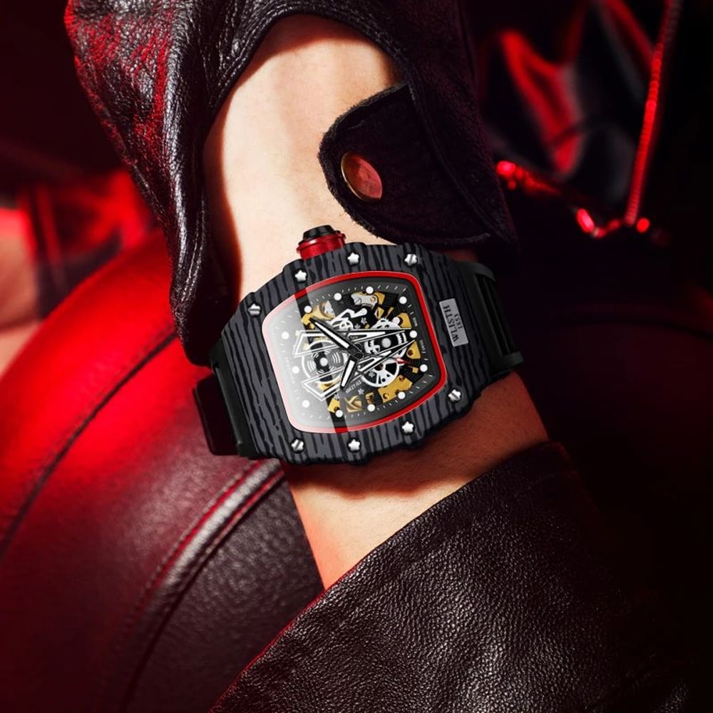 WLISTH Barrel Skeleton Automatic Mens Mechanical Watch With Luminous Dial 3