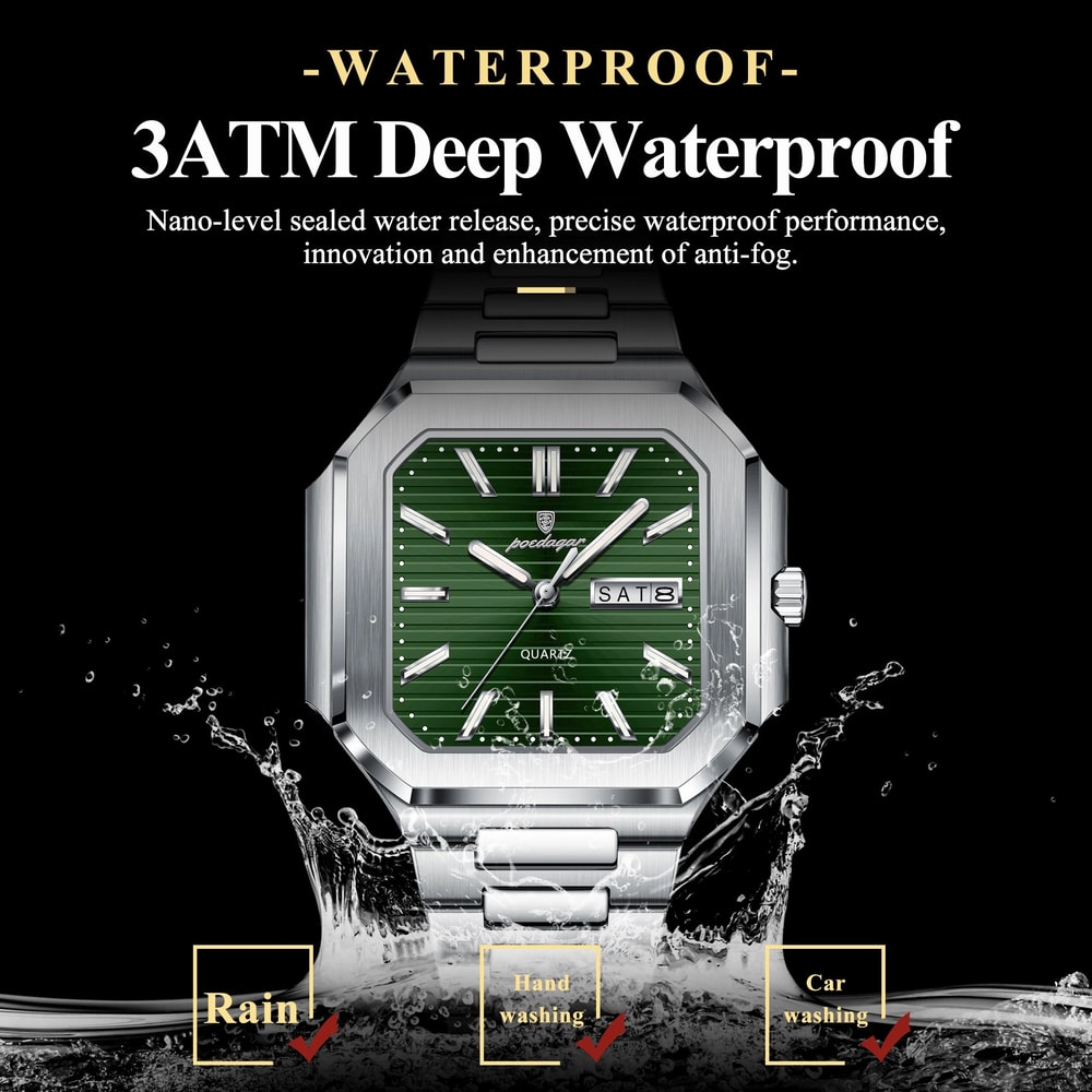 POEDAGAR Luxury Square Waterproof Mens Quartz Watch With Luminous Date Week 3