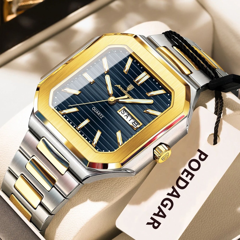 POEDAGAR Luxury Square Waterproof Mens Quartz Watch With Luminous Date Week 9