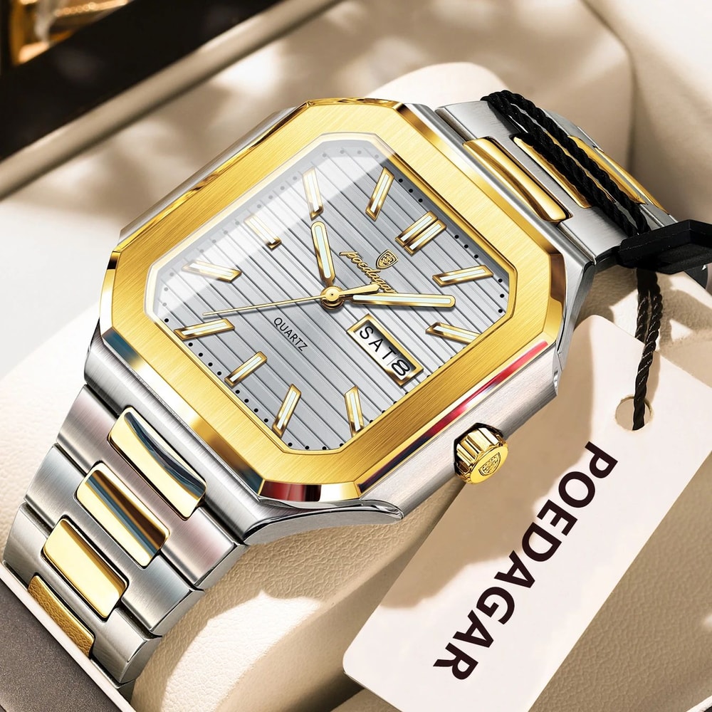 POEDAGAR Luxury Square Waterproof Mens Quartz Watch With Luminous Date Week 12
