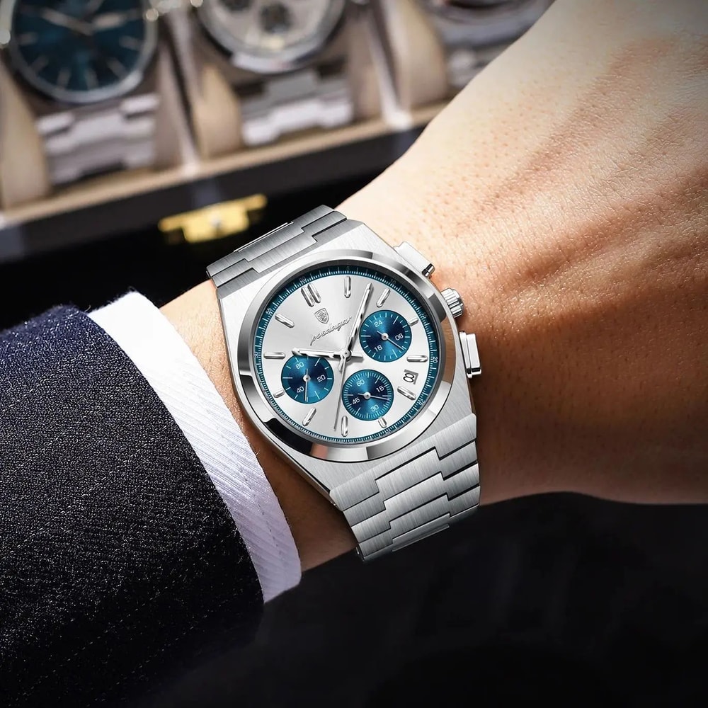 POEDAGAR Executive Chronograph Stainless Steel Mens Quartz Watch With Luminous Date 2