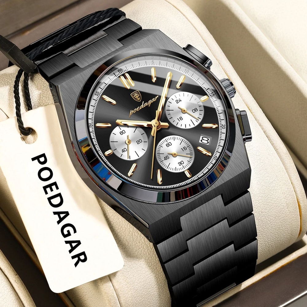 POEDAGAR Executive Chronograph Stainless Steel Mens Quartz Watch With Luminous Date 6